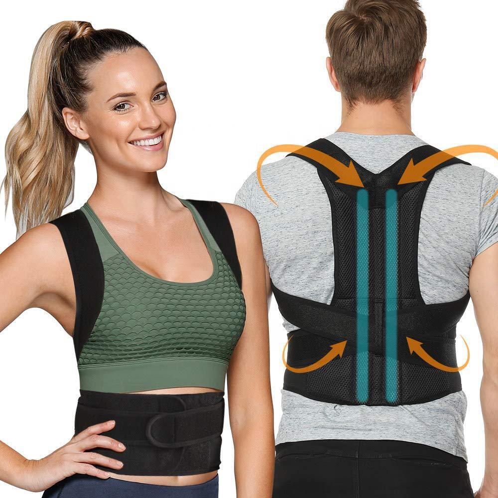 Attractive Female and Male modeling the back/posture brace, front and back