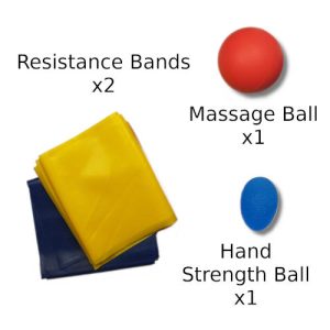 Rehab tools contained within the Pain Kit including Finger and Hand Exercisers